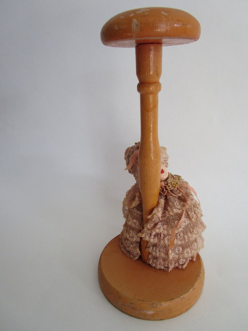 Ruffled Lace Boudoir Doll Wooden Hat Stand Figural Pin Cushion Vintage Millinery Decor image 4