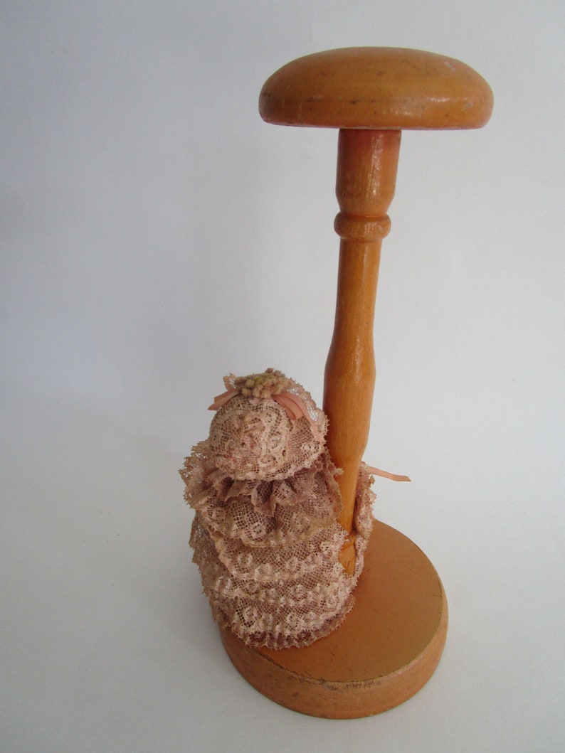 Ruffled Lace Boudoir Doll Wooden Hat Stand Figural Pin Cushion Vintage Millinery Decor image 5