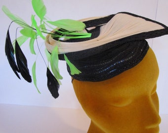 Twisted Diane Harty Millinery Straw Percher Hat Fascinator Neon Feathers