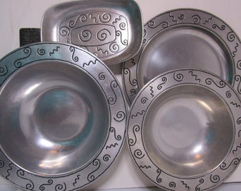 4 Wilton Armetale Pewter Pizzazz Bowl Tray Charger Plate Bread Vintage USA