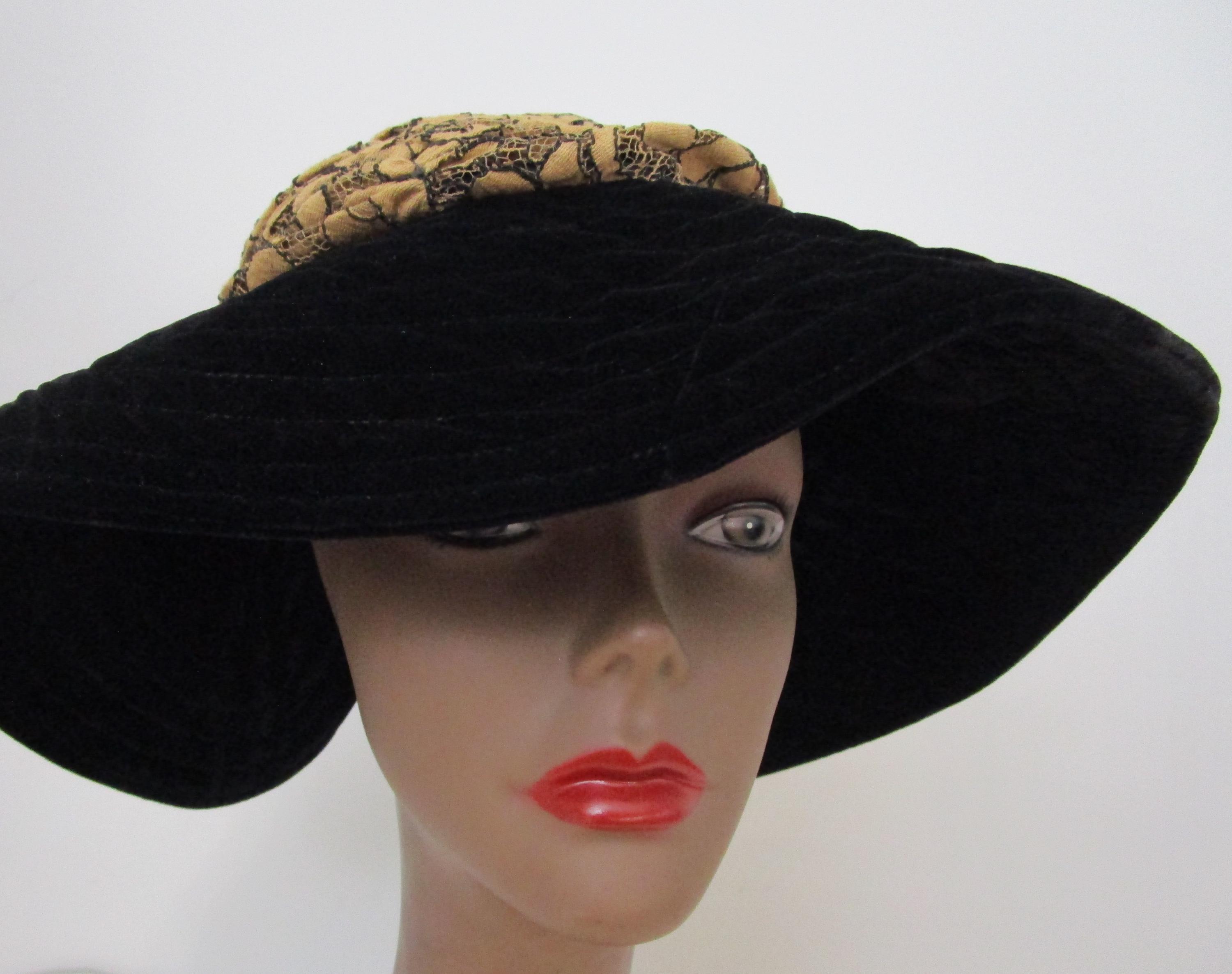 Soft Velvet Floppy Brim Hat Black Velveteen Gold Lace Packable Kokin Soft Velvet Floppy Brim Hat Black Velveteen Gold Lace  main image 3