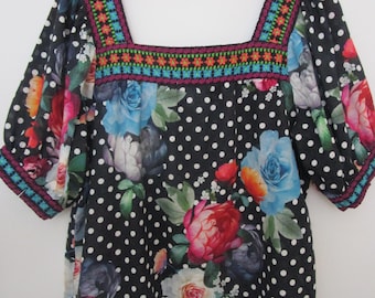 M Johnny Was Smock Top Blouse Bohemian Square Neck Embroidery Floral Polka Dots