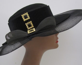 Black Wide Brim Hat Wool Felt Sheer Wedding Derby Church Easter