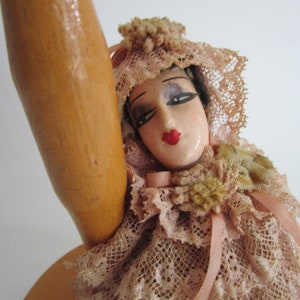 Ruffled Lace Boudoir Doll Wooden Hat Stand Figural Pin Cushion Vintage Millinery Decor image 1