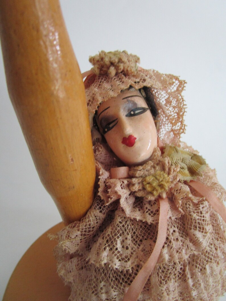 Ruffled Lace Boudoir Doll Wooden Hat Stand Figural Pin Cushion Vintage Millinery Decor image 1