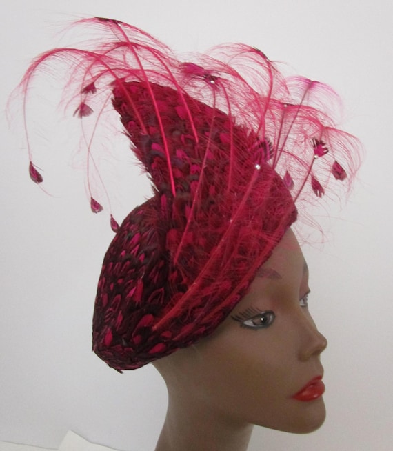 Jack Mcconnell Fuchsia Pillbox Calot Hat Plume Covered 