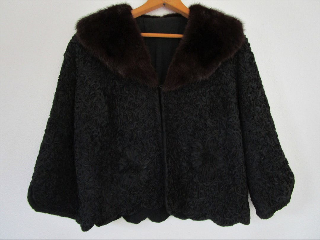 M Ribbon Lace Jacket Fur Collar Mid Century Cropped 50s 60s Rockabilly