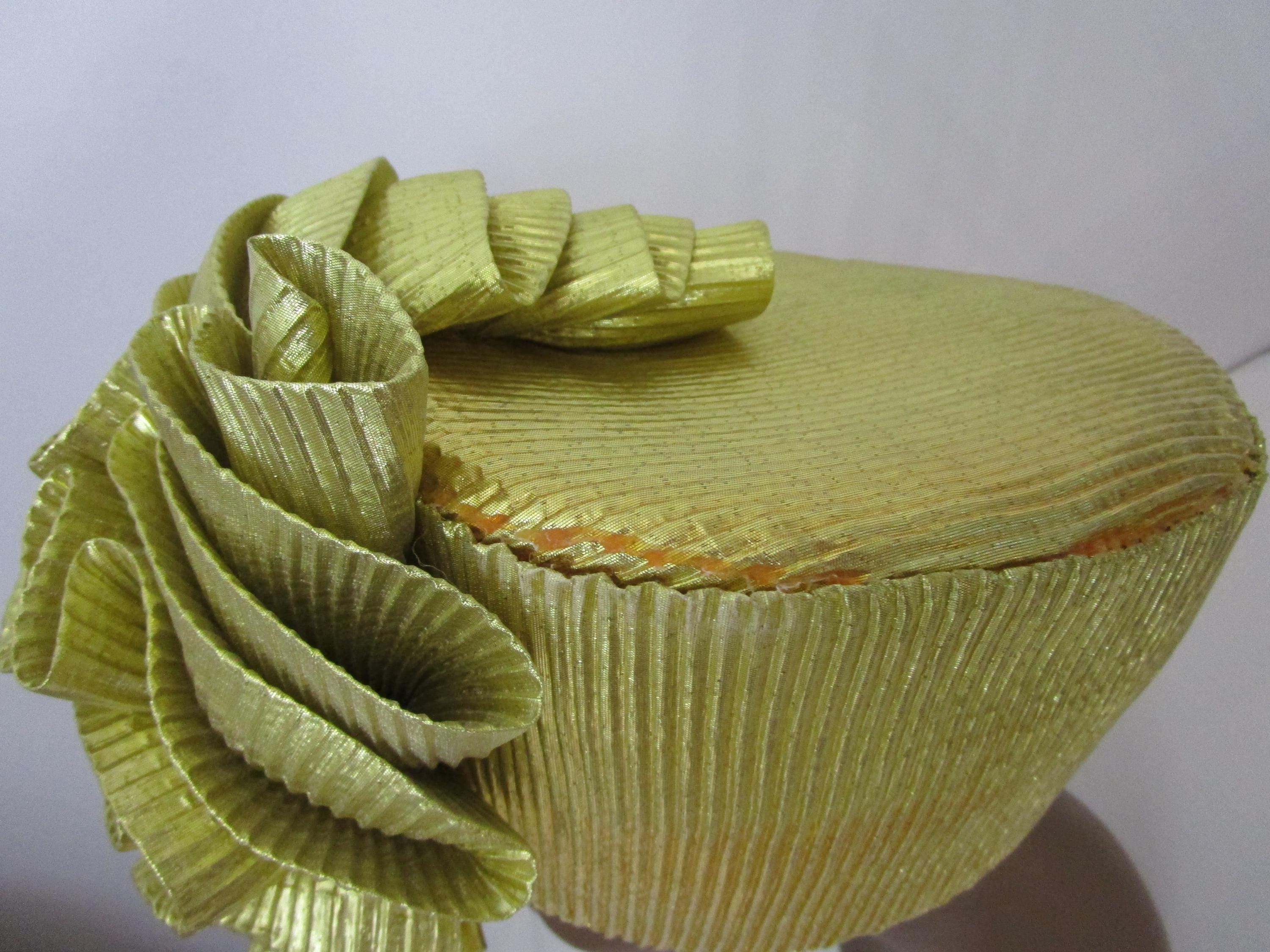 1980s Gold Lurex Tall Pillbox Hat Huge Pouf Church Wedding Cocktail 1980s Gold Lurex Tall Pillbox Hat Huge Pouf Church Wedding  main image 2