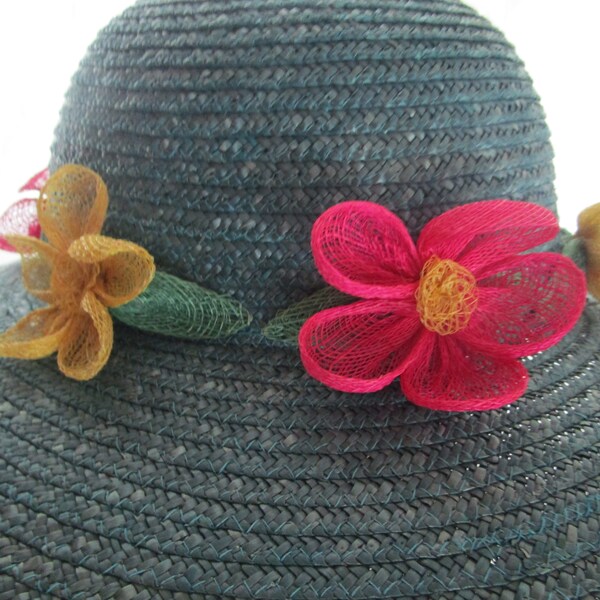 Marzi Italy Teal Blue Straw Wide Brim Hat Saks Fifth Ave Sun Derby Church Easter Beach
