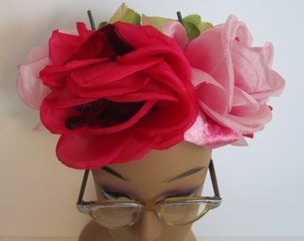 Fuchsia Silk Roses 1950s Spring Garden Wire Cage Whimsy Hat Floral Green Velvet Church Derby