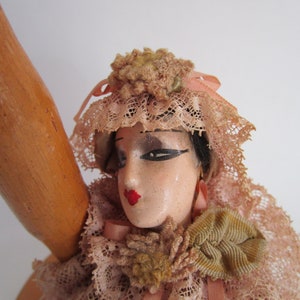 Ruffled Lace Boudoir Doll Wooden Hat Stand Figural Pin Cushion Vintage Millinery Decor image 10