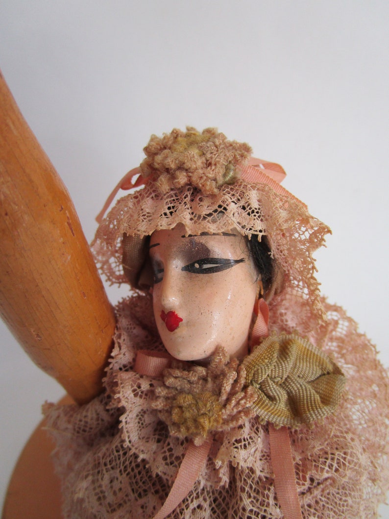 Ruffled Lace Boudoir Doll Wooden Hat Stand Figural Pin Cushion Vintage Millinery Decor image 10