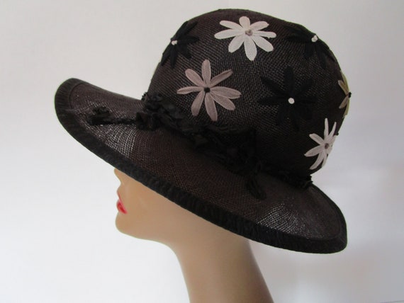 Black Louise Green Sinamay Straw Brim Sun Hat Silk Flower 