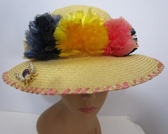 Natural Straw Pompom Raffia Hat Multicolored Wide Brim Sun Beach Hukilau Pool Hawaiian VLV