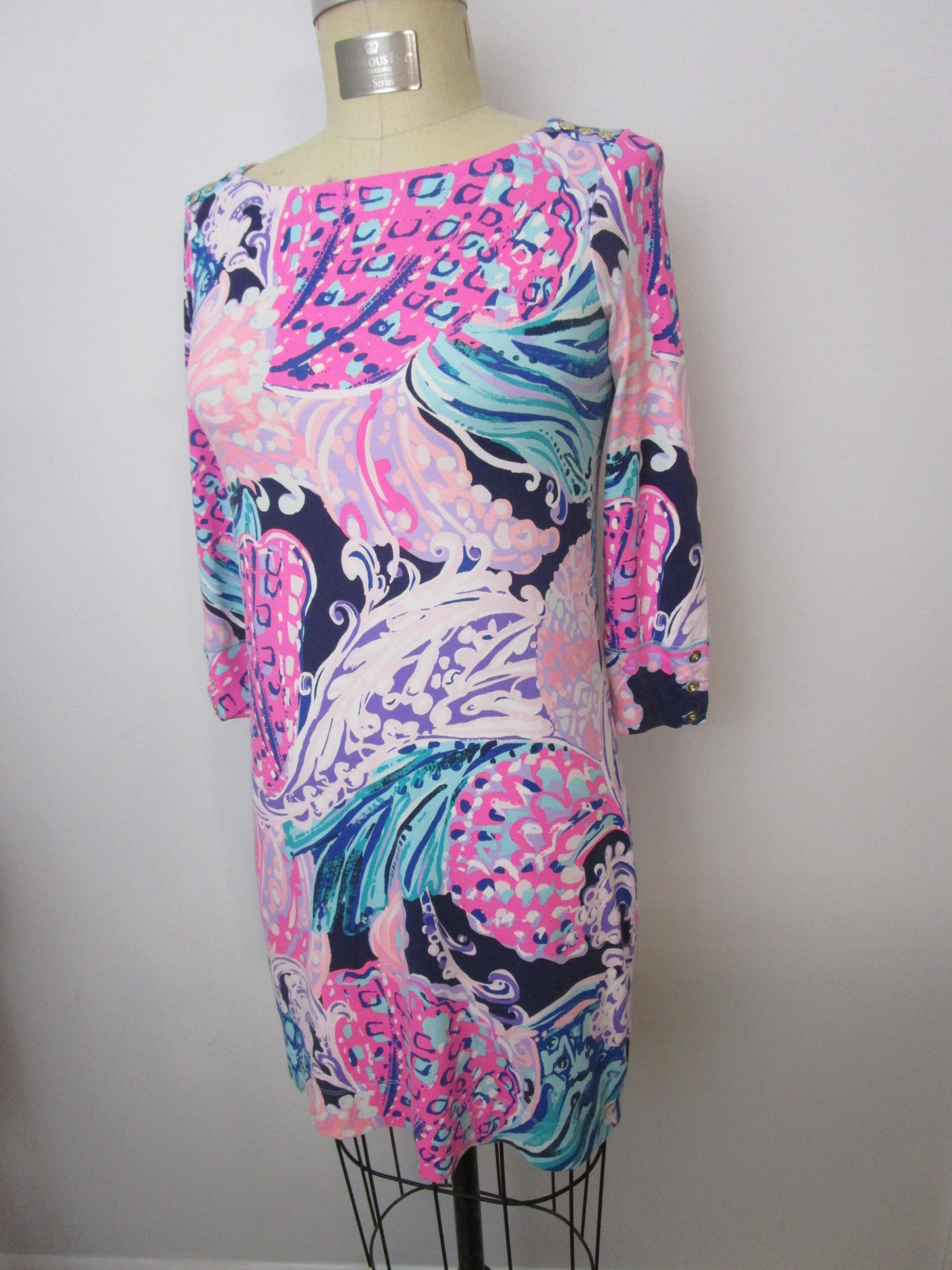 S Lilly Pulitzer Shift Dress UPF 50 Vivid Pink Blue Rayon Spandex Jersey