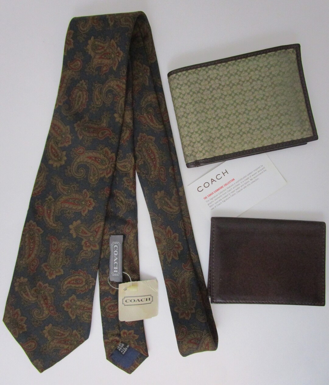 NWT Coach Bifold Wallet Card Holder Necktie Cravat Silk Paisley Brown