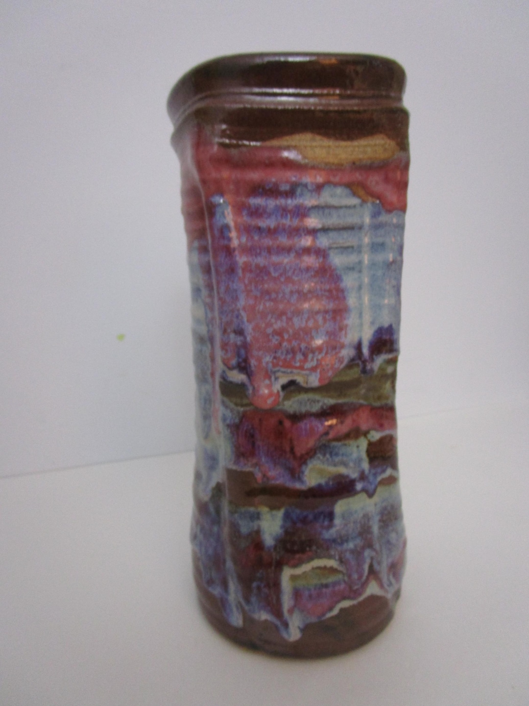 Studio Art Pottery Vase Artesian Drip Glaze Stoneware Pink Purple Brown ...