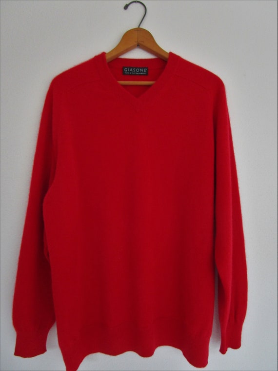 XL Mens Red CASHMERE V Neck Pullover 