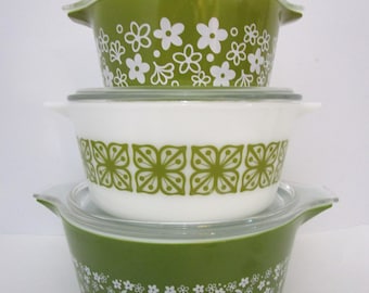 FrankenDaisy Cinderella Casseroles Pyrex Verde Spring Blossom Crazy Daisy  USA Vintage 1970s