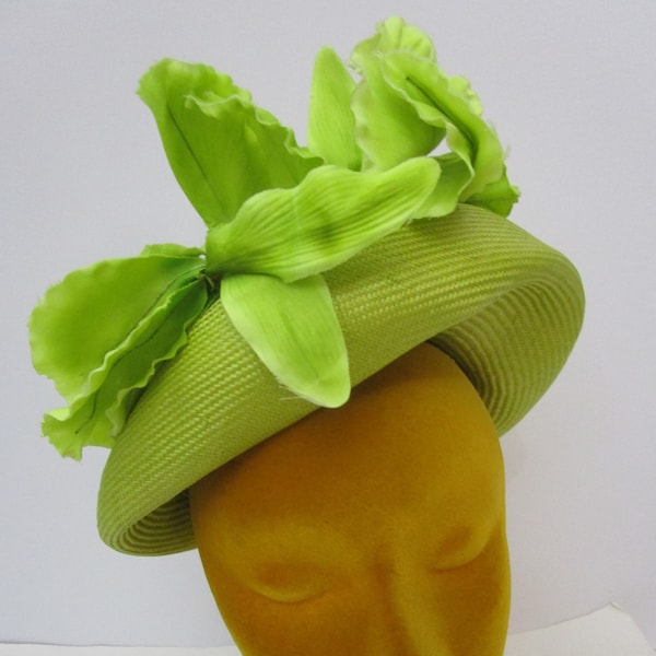 Jack McConnell Chartreuse Straw Hat Molded Torque Silk Orchid Church Percher