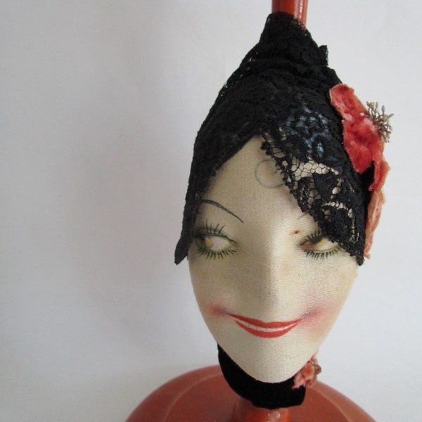 Mischievous Boudoir Doll Head Wooden Hat Stand Painted Paper Mache Beauty Millinery Decor