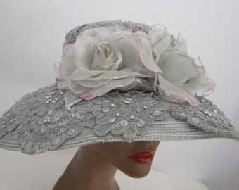 Gray Wide Brim Hat Guipure Venise Lace Wedding Derby Church Easter