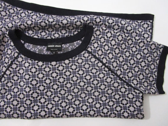 Giorgio Armani, L 48 Giorgio Armani Italian Intarsia Argyle Knit Sweater Pullover Short Sleeve Navy Blue Wool Silk Cashmere