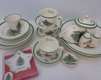 Set of 28 Spode CHRISTMAS TREE Dinner Salad Bread Plates Sugar S P Cups