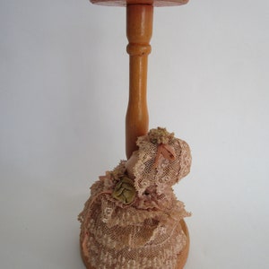 Ruffled Lace Boudoir Doll Wooden Hat Stand Figural Pin Cushion Vintage Millinery Decor image 6