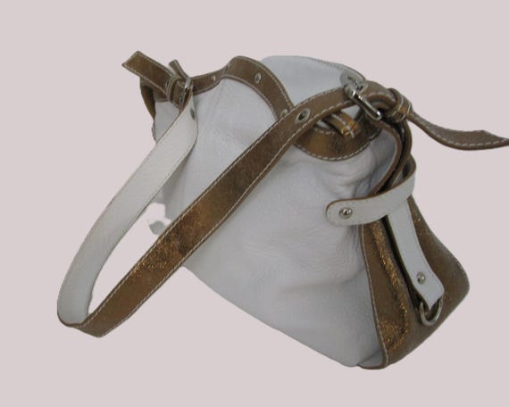 Nuovedive Italian Leather Large Hobo Shoulder Tote Bag White Gold 