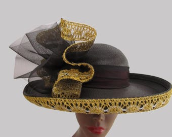 Vintage 80s Sylvia Church Lady Hat Navy Gold Metallic Mesh Netting Union Made US Vintage 80s Sylvia Church Lady Hat Navy Gold Metallic Mesh  main image 2