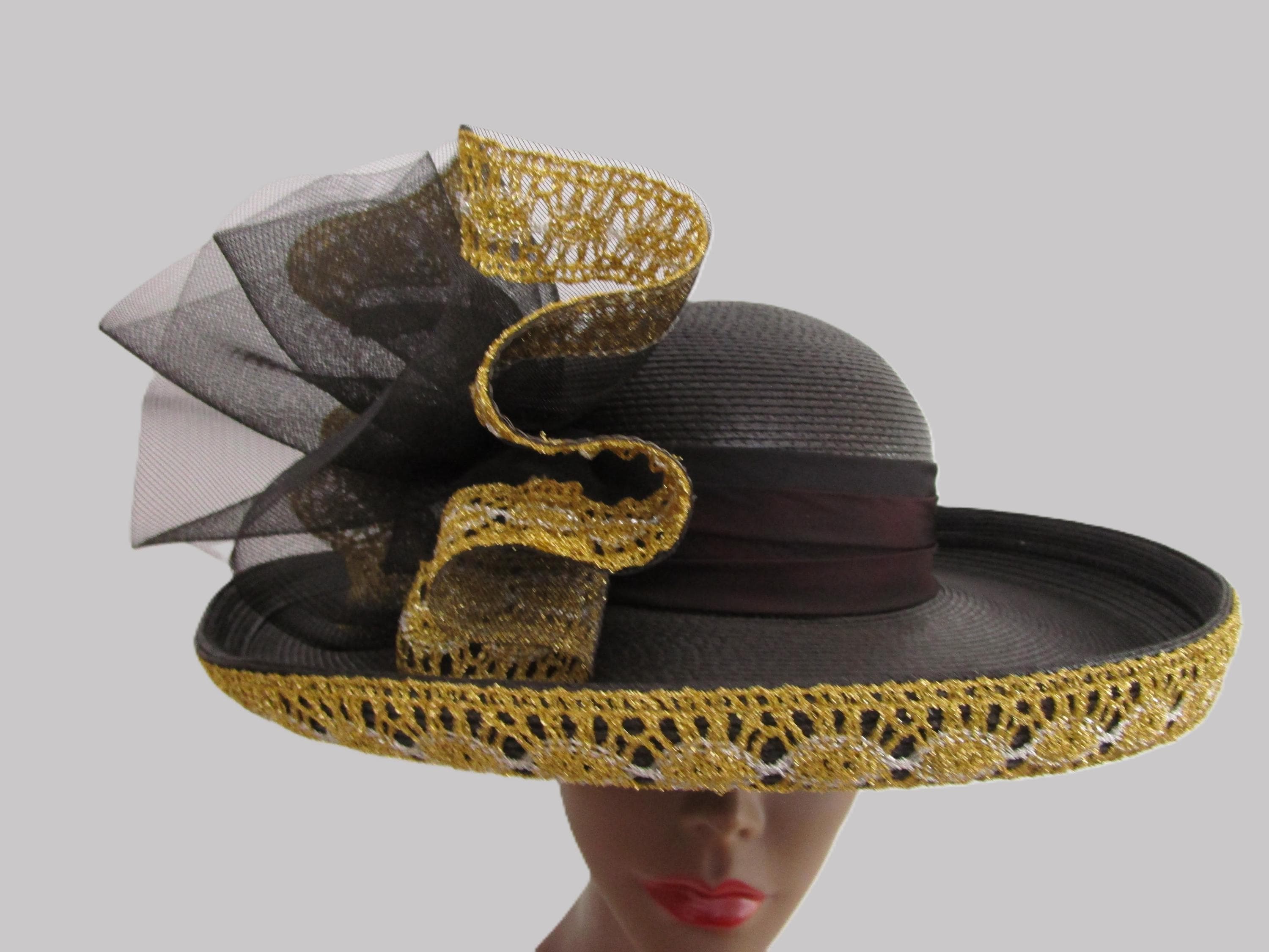 1980s Black Sculptural Straw Hat – Dramatic Sweep w/ Rhinestone & Metal Detail 80s Straw Hat - Etsy UK main image 4