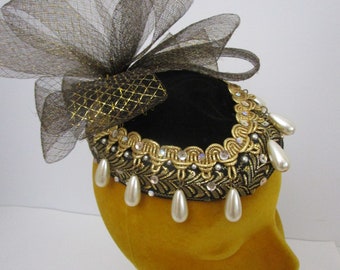 Gold Mesh Fascinator Whimsy Hat Cocktail Party Bridal Church Drop Pearls