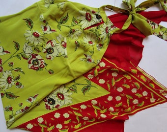 M Sue Wong Bias Silk Dress Chartreuse Red Floral Handkerchief Hem