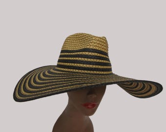 Eric Javits Tan and Black Stripe Wide Brim Hat, Packable  display picture 1
