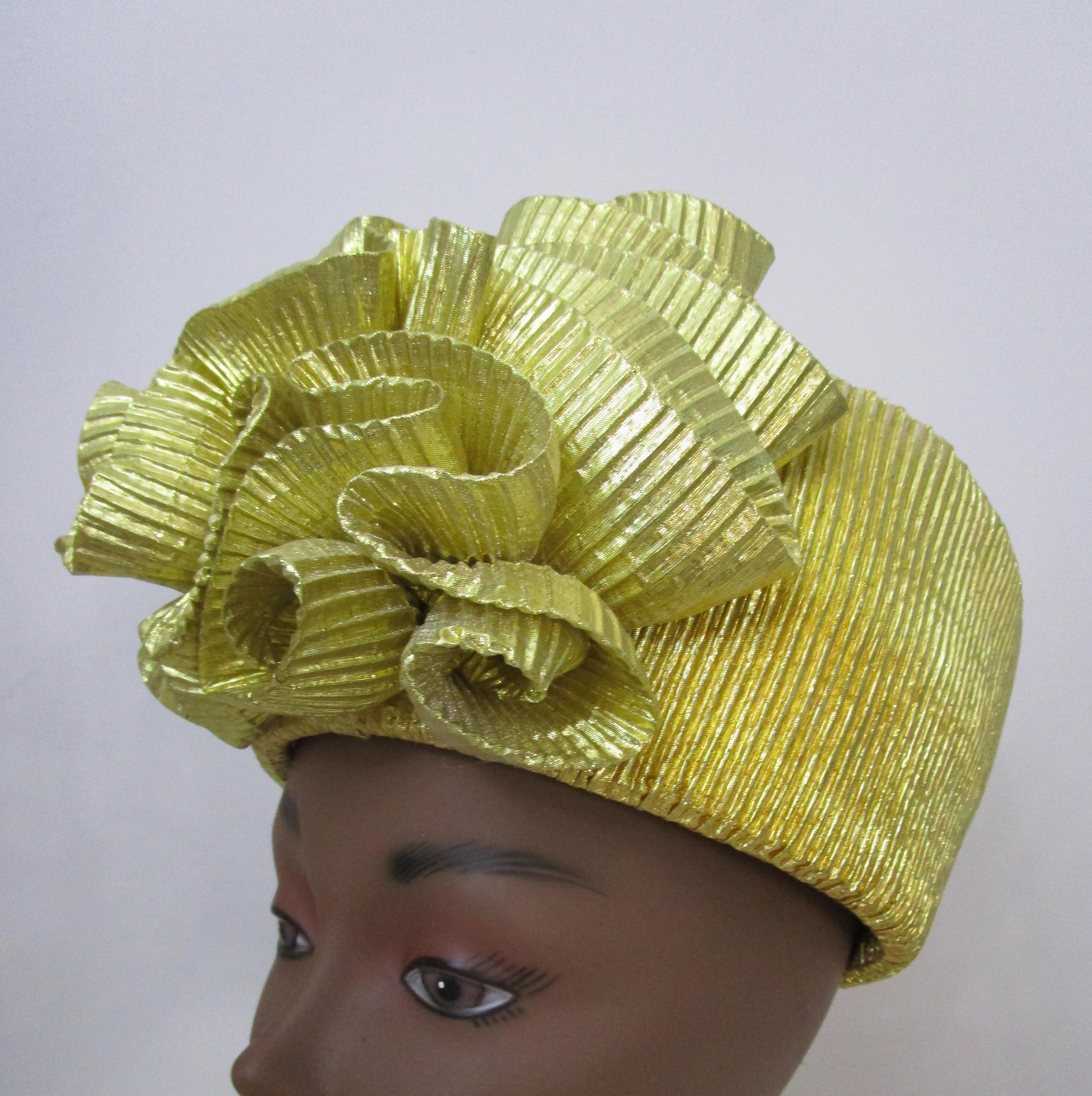 1980s Gold Lurex Tall Pillbox Hat Huge Pouf Church Wedding Cocktail