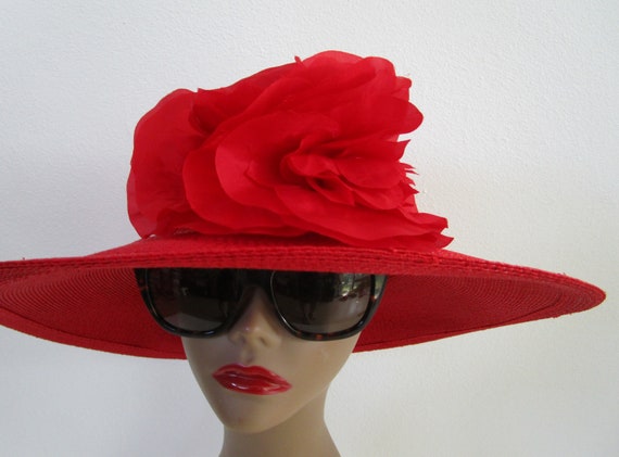 Patricia Underwood Red Wide Brim Hat Silk Flower … - image 2