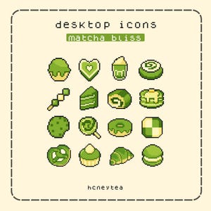 bureaubladpictogrammen matcha-pixel | schattige esthetische groene pictogrammen | kawaii matcha-thema | Windows Mac-mappictogrammenpakket