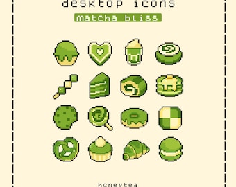 抹茶ピクセルデスクトップアイコン | かわいい美的グリーンアイコン | カワイイ抹茶テーマ | Windows Macフォルダアイコンパック