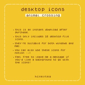 以下が含まれることがあります： 「desktop icons」と「animal crossing」の文字が入った黄色のデジタル画像。WindowsとMacに対応した16個のデスクトップファイルアイコンの即時ダウンロードについて説明しています。