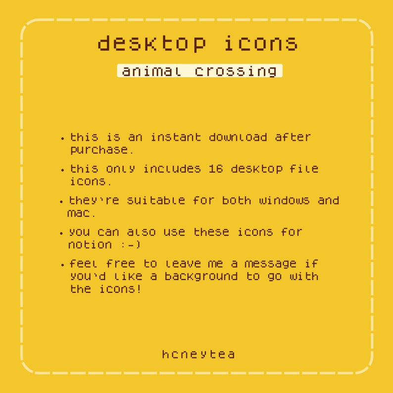 以下が含まれることがあります： 「desktop icons」と「animal crossing」の文字が入った黄色のデジタル画像。WindowsとMacに対応した16個のデスクトップファイルアイコンの即時ダウンロードについて説明しています。