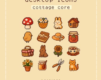 May include: Pixelated desktop icons with a cottage core theme. The image features a mushroom, basket of flowers, bunny, house, chick, book, hat, jar of jam, picnic basket, rabbit, sunflower, teacup, potted flowers, jar of honey, shears, and a cat. Text reads "desktop icons cottage core" and "honeytea".