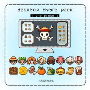 Könnte beinhalten: Ein Pixel-Art-Desktop-Theme-Paket mit dem Text "desktop theme pack | one piece |" und einem Computerbildschirm mit pixeligen Symbolen und einem Totenkopf. Darunter befinden sich pixelige Charakterporträts und Symbole.