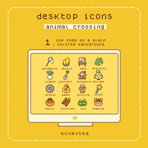 以下が含まれることがあります： Animal Crossingをテーマにしたデスクトップアイコンを表示するコンピューター画面のデジタルイラスト。アイコンには、ドキュメント、写真、アプリ、プロジェクトなどのカテゴリが含まれます。「desktop icons」と「animal crossing」というテキスト。背景は黄色です。