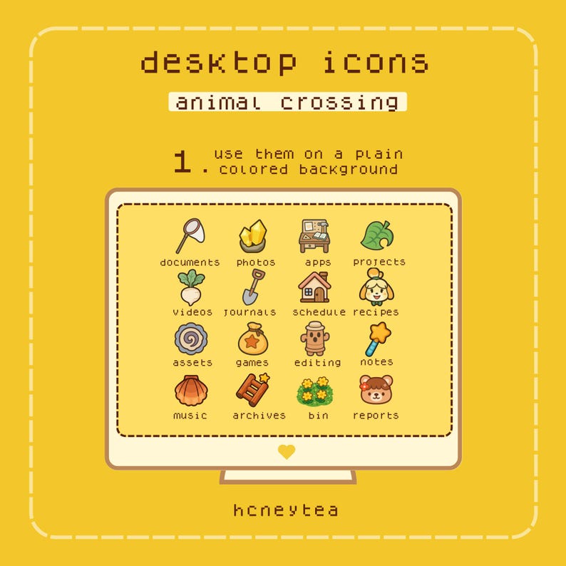 以下が含まれることがあります： Animal Crossingをテーマにしたデスクトップアイコンを表示するコンピューター画面のデジタルイラスト。アイコンには、ドキュメント、写真、アプリ、プロジェクトなどのカテゴリが含まれます。「desktop icons」と「animal crossing」というテキスト。背景は黄色です。