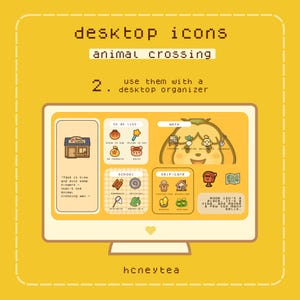 以下が含まれることがあります： 黄色いデジタルイラストで、Animal Crossingをテーマにしたデスクトップアイコン。画面には、To-Doリスト、仕事、学校、セルフケアのアイコンが表示されています。テキストには「デスクトップアイコン」、「Animal Crossing」、「デスクトップオーガナイザーで使用する」が含まれています。