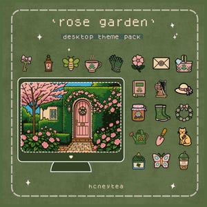 May include: A digital art illustration of a 'rose garden' desktop theme pack. The image features a computer screen displaying a garden scene, surrounded by themed icons like a key, bee, teacup, and cat, all on a green background.