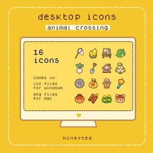 以下が含まれることがあります： 黄色いコンピュータ画面には、16個のAnimal Crossingデスクトップアイコンが表示されています。画面には「desktop icons」と「animal crossing」の文字が含まれています。アイコンはキュートな漫画スタイルで、画像には「comes in: ico files for windows png files for mac」の文字が含まれています。