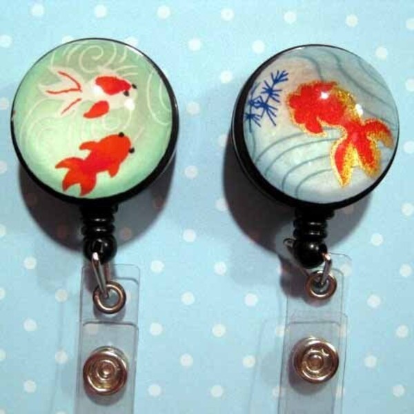 Washi Gem FUN BADGE - Clip-on Retractable Reel ID Badge Holder - KOI GOLDFISH ..Choice of ONE from 2 designs.