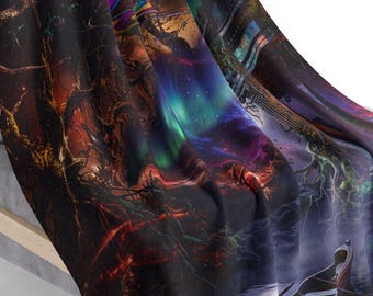 Verzauberte Nachtlandschaft Fleece-Sherpa-Decke | Fantasieboot, Aurora-Wald
